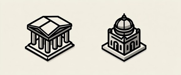 Isometric Greek & Roman temple illustrations; neutral background; educational use