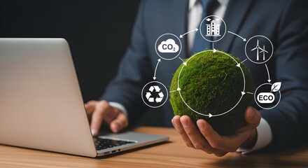 Eco-conscious businessman using laptop while holding moss globe for a sustainable future concept