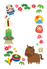 2026年 午年の縁起物年賀状/囲み・縦04・文字なし