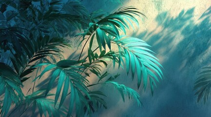 Teal palm fronds cast shadows on a textured wall, bathed in soft light