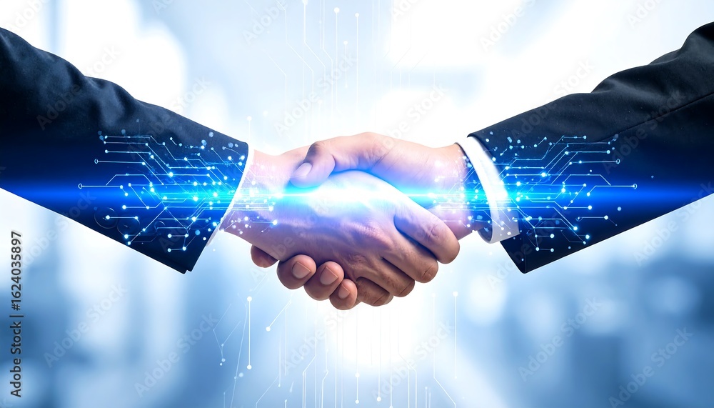 Poster hands shaking, illuminated by a glowing blue digital circuit pattern, symbolizing technological part