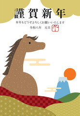 2026年午年の午と富士山と和柄の年賀状/縦01