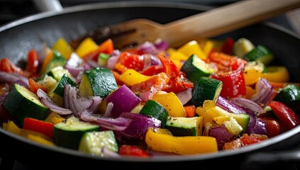Saut?ed bell peppers, zucchini, and onions in a pan (1)