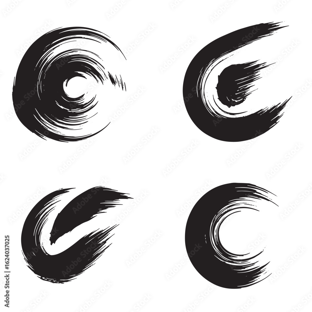 Poster abstract brushstroke circular elements in black ink creating artistic graphic design