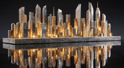 Illuminated cityscape model on dark base, reflecting on surface
