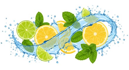Refreshing lemons and limes splashing with water and fresh mint for a vibrant summer drink concept