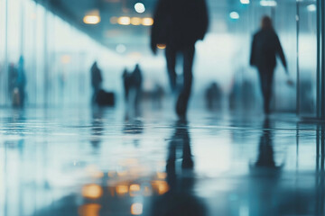 Blurred figures create ethereal feel in a modern, brightly lit transit hub