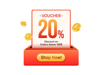 3d gift voucher card is being printed from a slot with coupon code, 20% off, isolated on background with golden coins flying around. Cashback coupon popup concept in 3d vector illustration. Vector