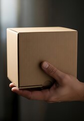 A delivery person's hand holds a small cardboard box ready for distribution