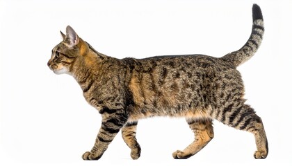 Side view of a full-body walking cat on white background