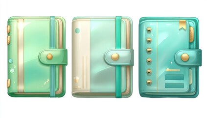Three mint green and pastel-colored, small, leather-like notebooks, with gold accents