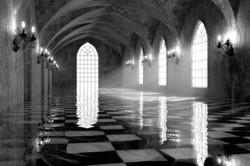 Flooded gothic hall, black and white