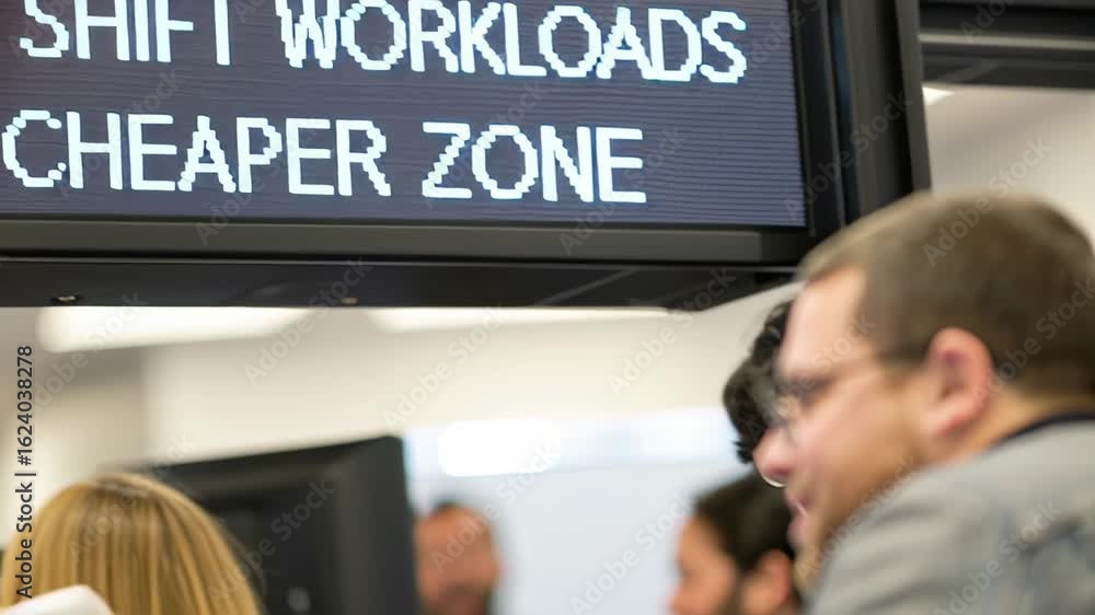 Poster digital sign message on board about shifting workloads to cheaper zone in office environment for eff