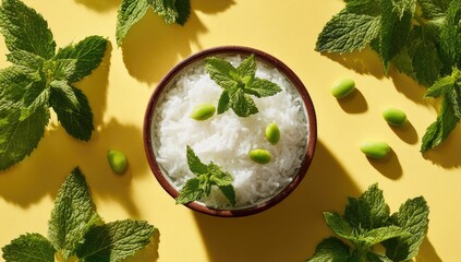 Bowl of rice, mint leaves, and edamame on yellow