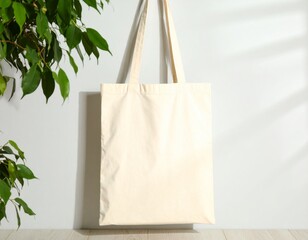 Blank Tote Bag Mockup: Hanging on White Wall. Clean, Minimalist & Realistic for Logo & Brand Identity