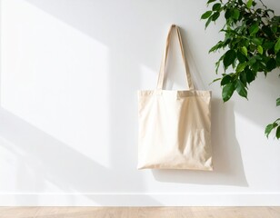 Blank Tote Bag Mockup: Hanging on White Wall. Clean, Minimalist & Realistic for Logo & Brand Identity