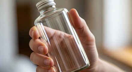 Hand holding clear glass bottle with silver lid, indicating clean water preparation process