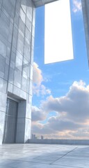 Modern, light-gray building interior, blank banner, city view