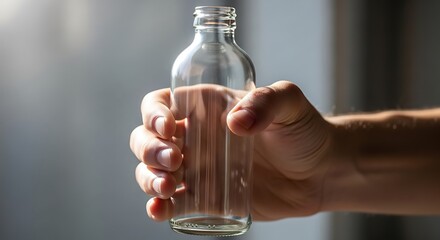 Hand holds an empty transparent glass bottle against a neutral background