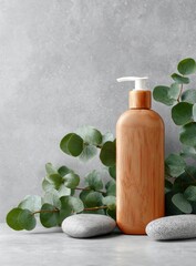 Wooden pump bottle surrounded by eucalyptus leaves and stones on a gray background