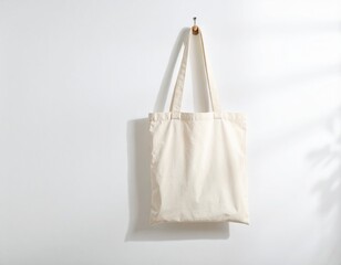 Blank Tote Bag Mockup: Hanging on White Wall. Clean, Minimalist & Realistic for Logo & Brand Identity