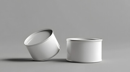 Mockup illustration of two empty white metal food cans on a gray background. Mockup illustration of canned food product branding.