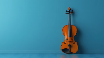 Illustration of a violin on a blue wall with copy space. Illustration for a music background.