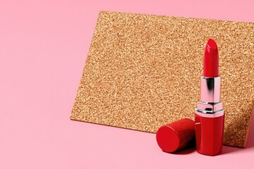 Red lipstick on cork board, pink background