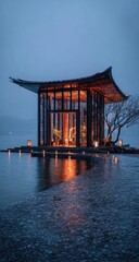 Dark, elegant pavilion on a lake at twilight