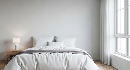 Minimalist bedroom interior with white bedding and natural light emphasizing serenity and