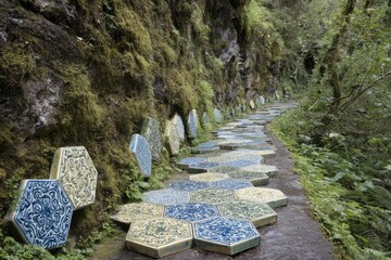 Pathway lined with patterned tiles in a lush forest