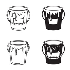Four different styles of paint buckets with dripping paint in black and white vector illustrations