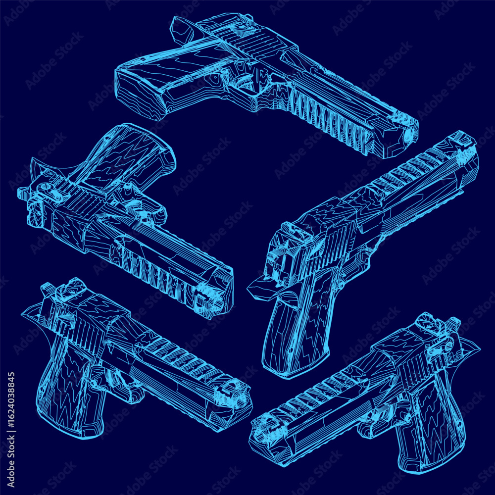 Poster five handguns in blueprint style are arranged in a line on a blue background, each with unique conto