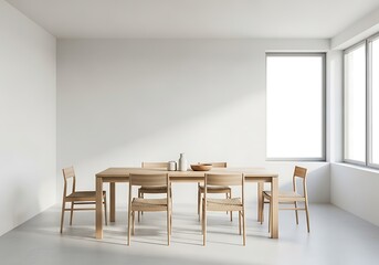 Minimalist dining room with light wood furniture and bright sunlight exposure in a modern home