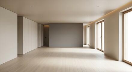 Minimalist empty room with hardwood flooring and large windows for interior design