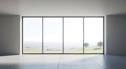 Minimalist interior with expansive window offering serene countryside view, ideal for design