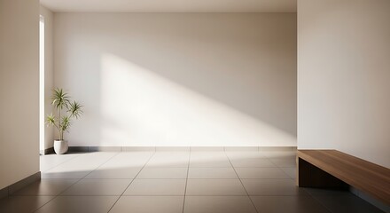 Minimalist interior with natural light casting shadows and a potted plant creating serene atmosphere