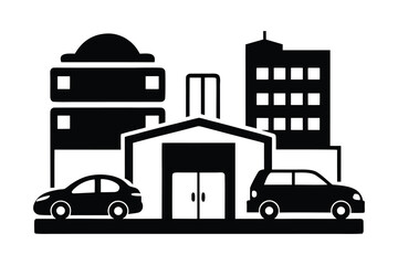 Fototapeta premium Black and white graphic illustration depicting a modern building with cars parked in front, symbolizing urban development and transportation infrastructure