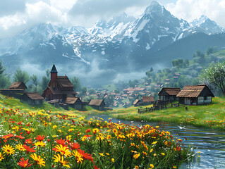 swiss alpine landscape with lake
