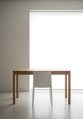 Minimalist Interior with Natural Light Featuring a Wooden Table and White Chair serenity