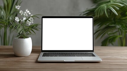 Mockup of modern laptop with white screen and plants, AI-generative