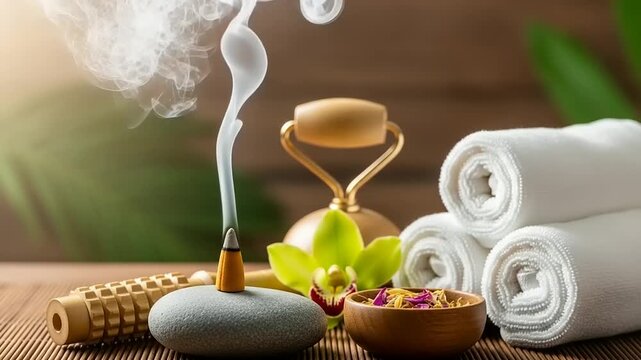 Spa setting with aromatherapy incense, towels, and massage tools