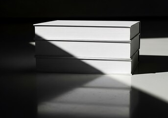 Stack of books illuminated by light and shadow creating a stark contrast minimalistic scene