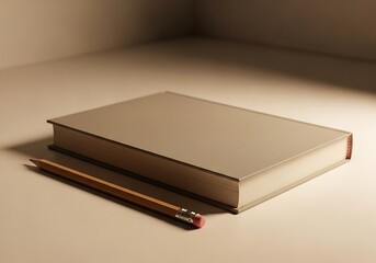 Still life composition featuring a book and a pencil on a plain surface in soft lighting