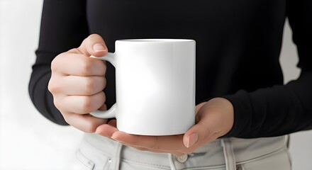 Showcase your brand with a blank white mug held by a woman in stylish casual wear mockup template