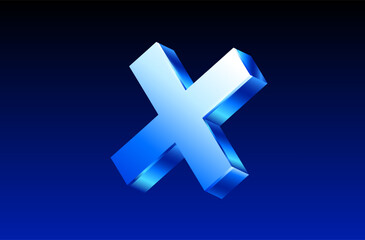 3d cross mark or x icon in shining metal style, isolated on dark blue background. Cross mark icon in 3d vector illustration. Vector illustration