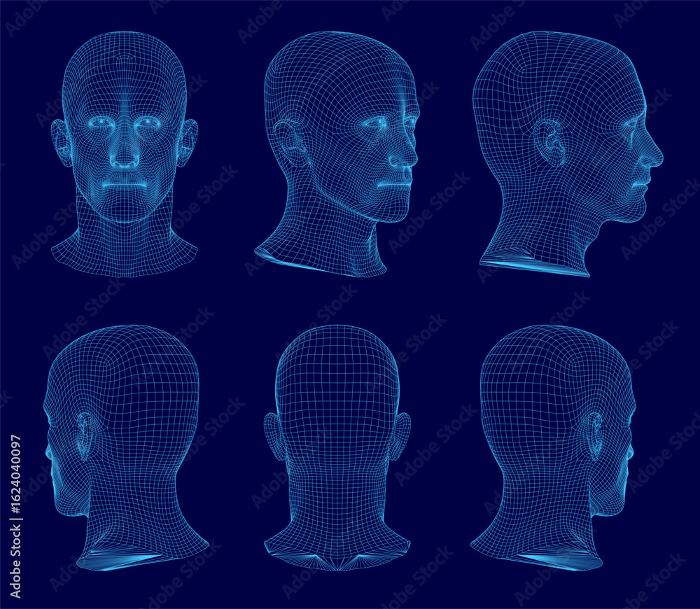 Poster six wireframe human heads with unique expressions are arranged in a grid on a blue background. each 