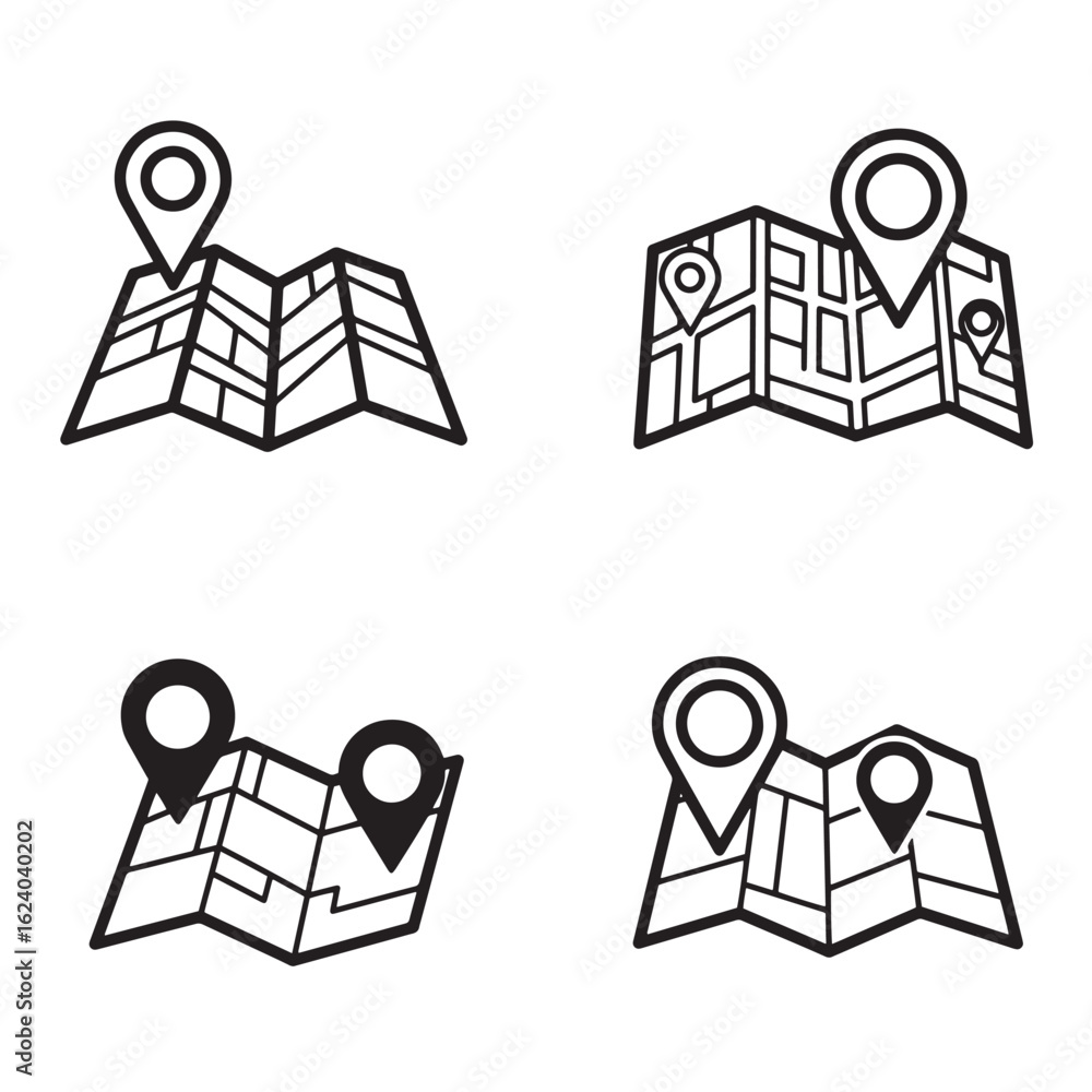 Aufkleber set of black and white map icons depicting location and navigation concepts