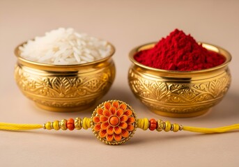 Traditional Rakhi with Rice and Kumkum in Brass Bowls for Raksha Bandhan