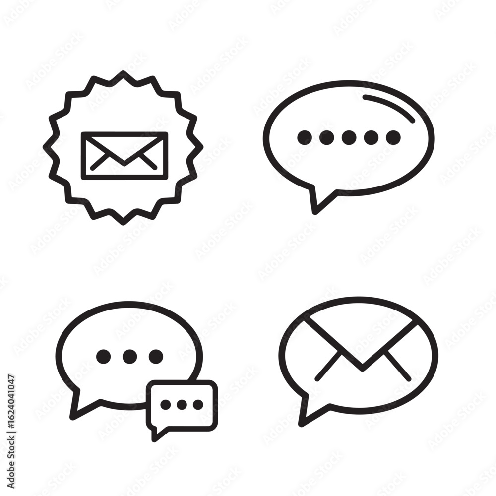 Poster set of modern black and white line icons representing messaging and email concepts